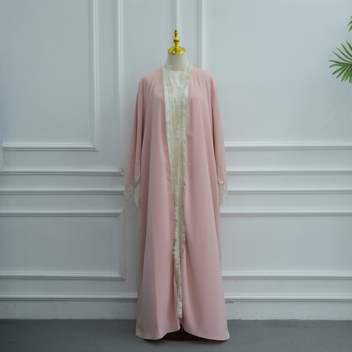Lace-Panel Flared-Sleeve Open Abaya with Pockets(MOA332) - Mariam's Collection