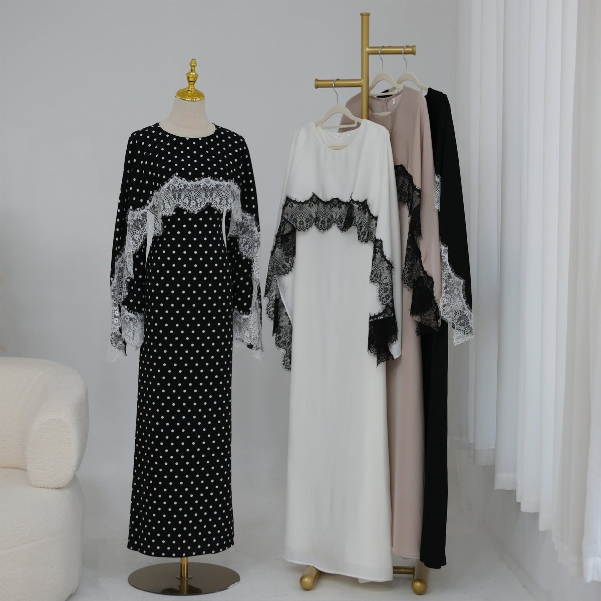 Lace Splice Satin Maxi Dress with Fixed Cape(MS438) - Mariam's Collection