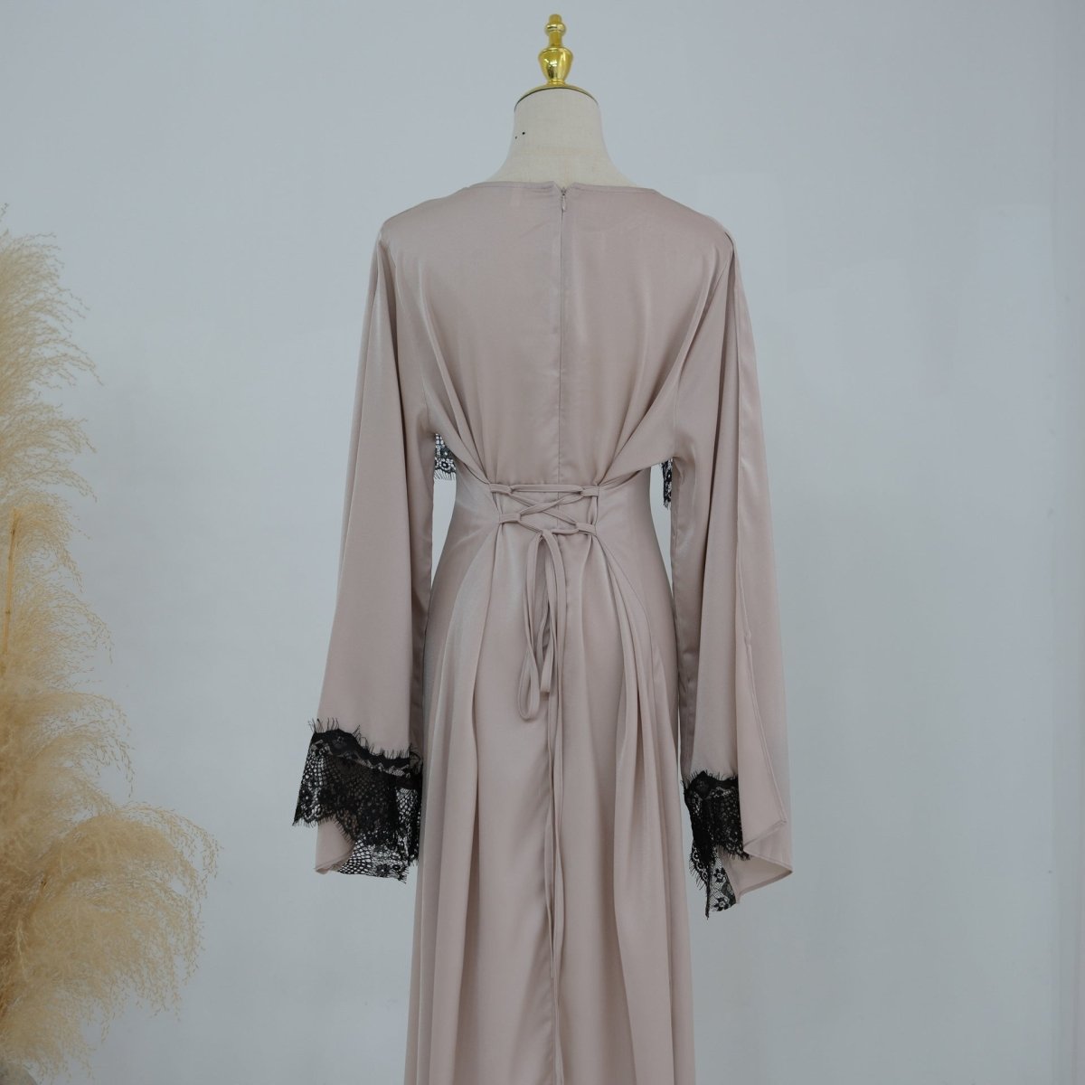 Lace Splice Satin Maxi Dress with Fixed Cape(MS438) - Mariam's Collection