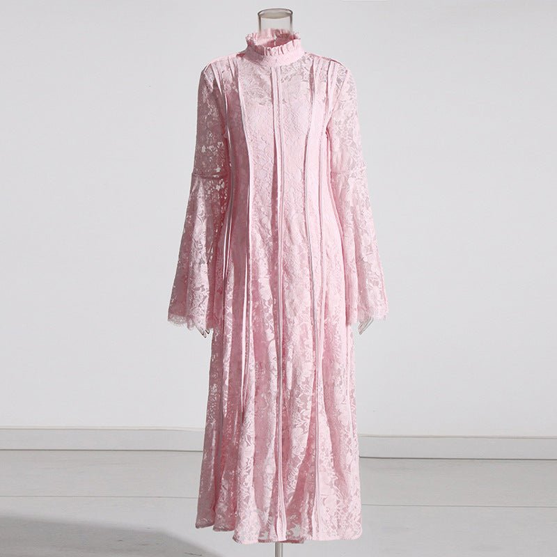 Lace Stand Collar Bell Sleeve Maxi Dress — Romantic Lace Modest Gown