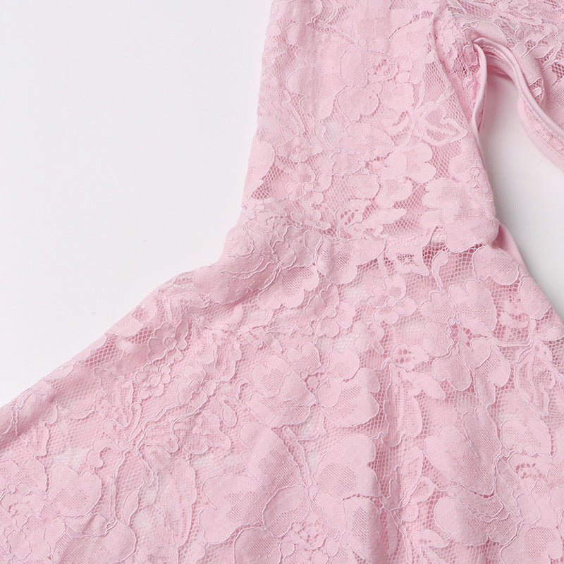 Pink lace bell sleeve dress with floor-length elegant hemline