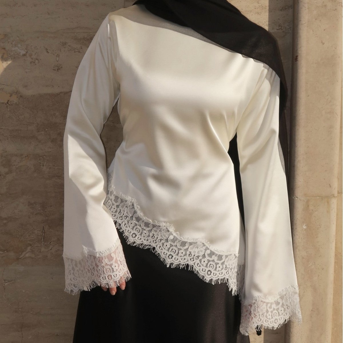 Lace Trim Contrast Panel Satin Top(MS407) - Mariam's Collection