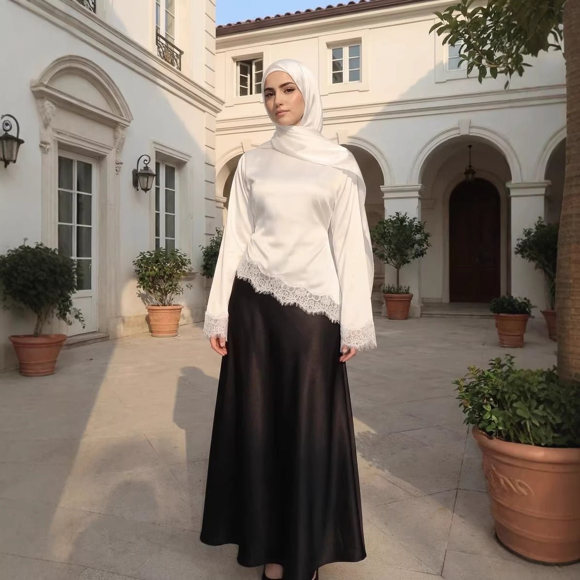 Lace Trim Contrast Panel Satin Top(MS407) - Mariam's Collection
