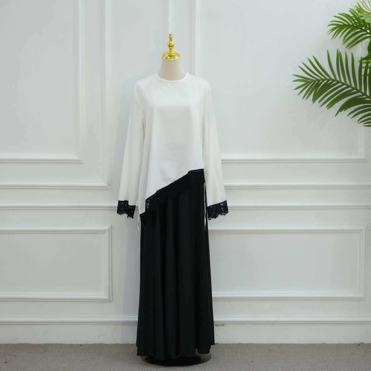 Lace Trim Contrast Panel Satin Top(MS407) - Mariam's Collection