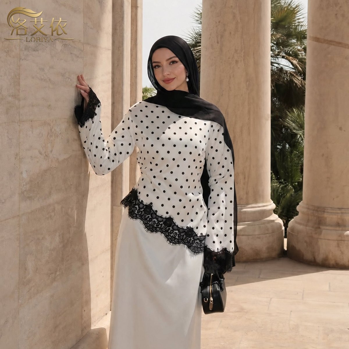 Lace Trim Contrast Panel Satin Top(MS407) - Mariam's Collection