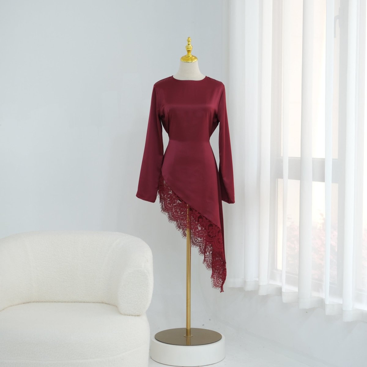 Lace Trim Contrast Panel Satin Top(MS408) - Mariam's Collection