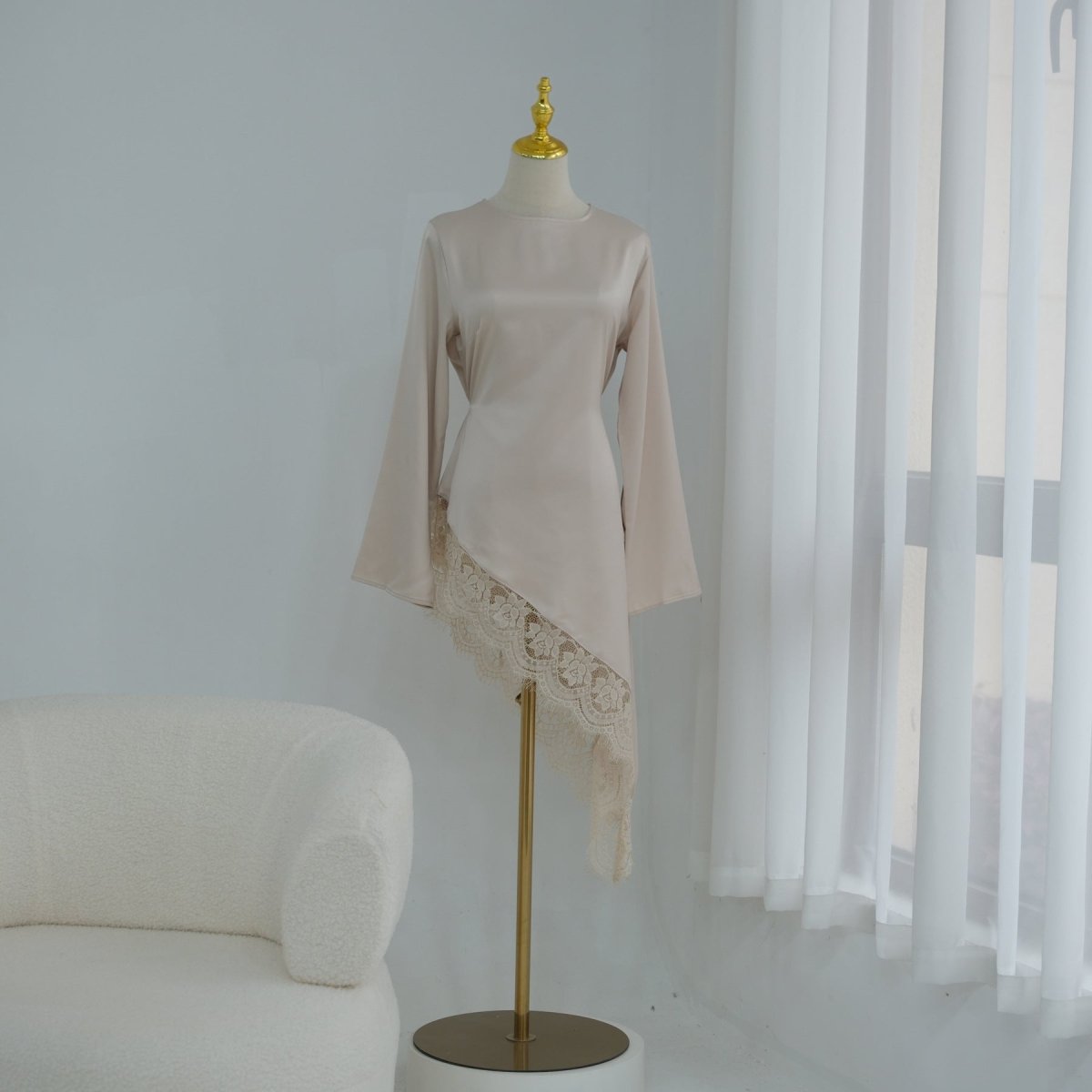 Lace Trim Contrast Panel Satin Top(MS408) - Mariam's Collection