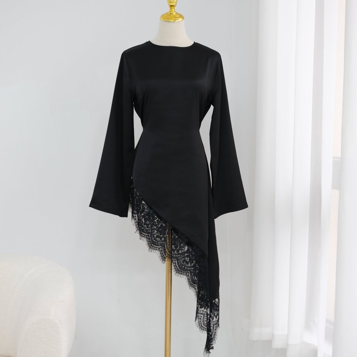 Lace Trim Contrast Panel Satin Top(MS408) - Mariam's Collection