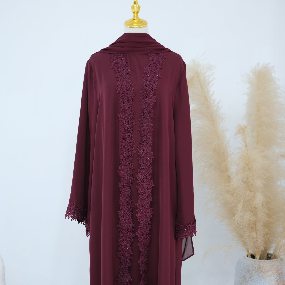 Lace-Trim Nida 3-Piece Abaya Set(MOA330) - Mariam's Collection
