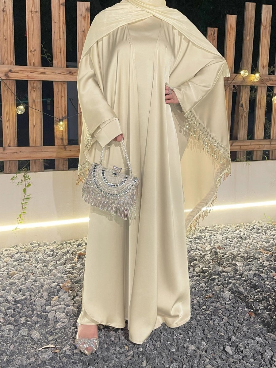 Lace Trimmed Fringed Butterfly Satin Open Abaya 2 - Piece Set (MOA114) - Mariam's Collection