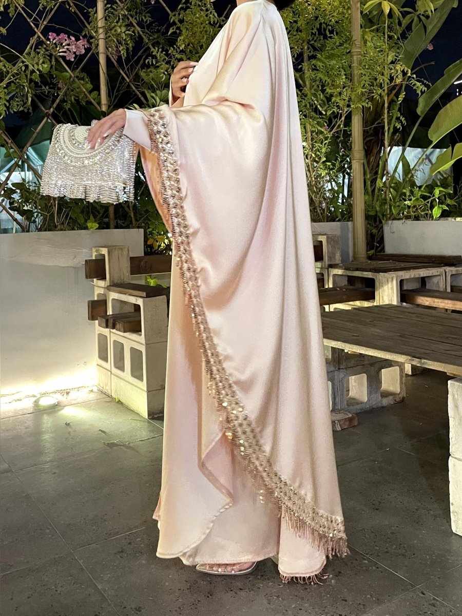 Lace Trimmed Fringed Butterfly Satin Open Abaya 2 - Piece Set (MOA114) - Mariam's Collection