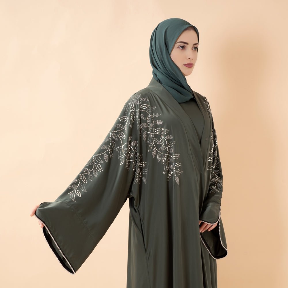 Leaf Embellishment Satin 3 - Piece Abaya Set for Eid (MOA244) - Mariam's Collection
