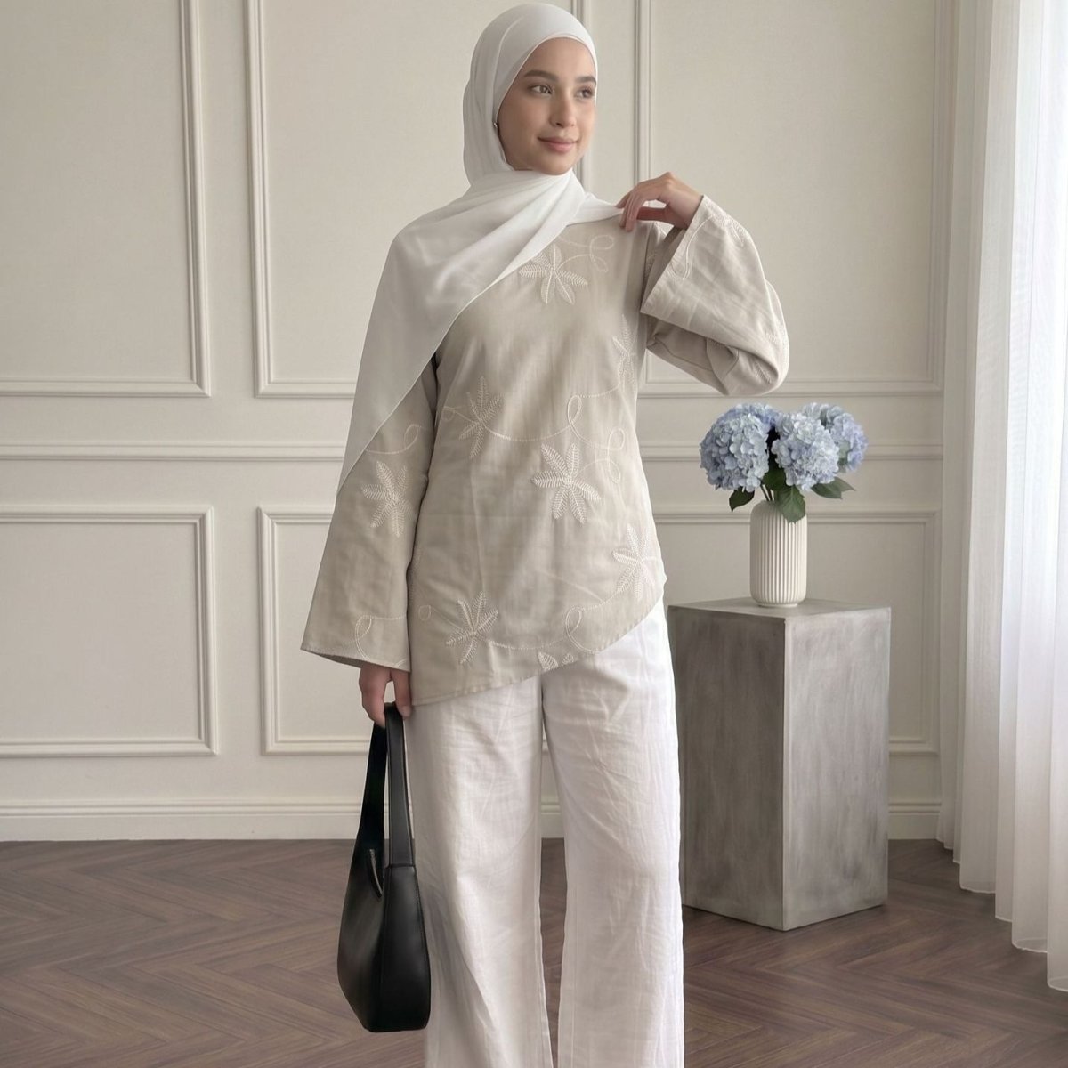 Leaf & Floral Embroidered Flared-Sleeve Asymmetric Hem Top(MS485) - Mariam's Collection