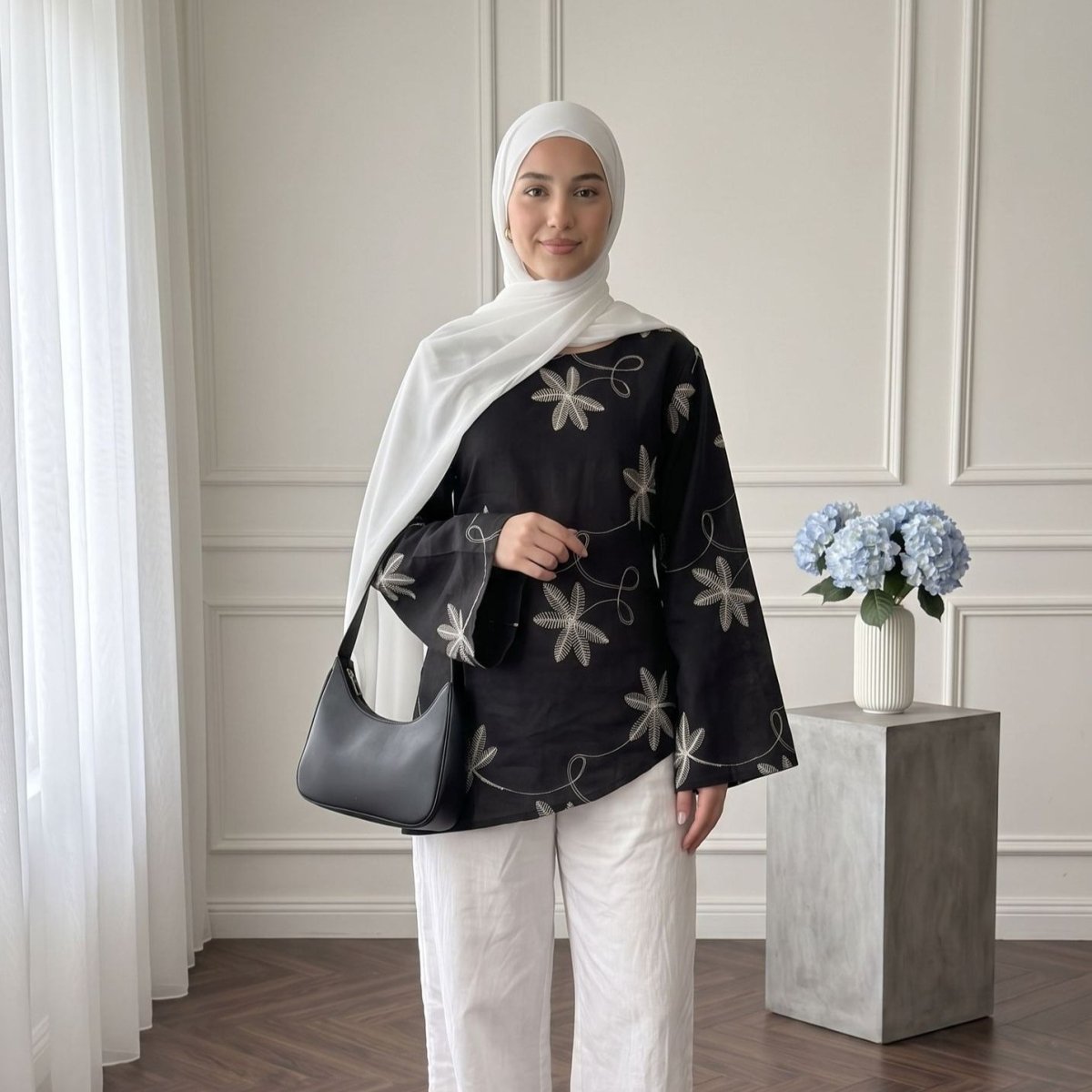 Leaf & Floral Embroidered Flared-Sleeve Asymmetric Hem Top(MS485) - Mariam's Collection