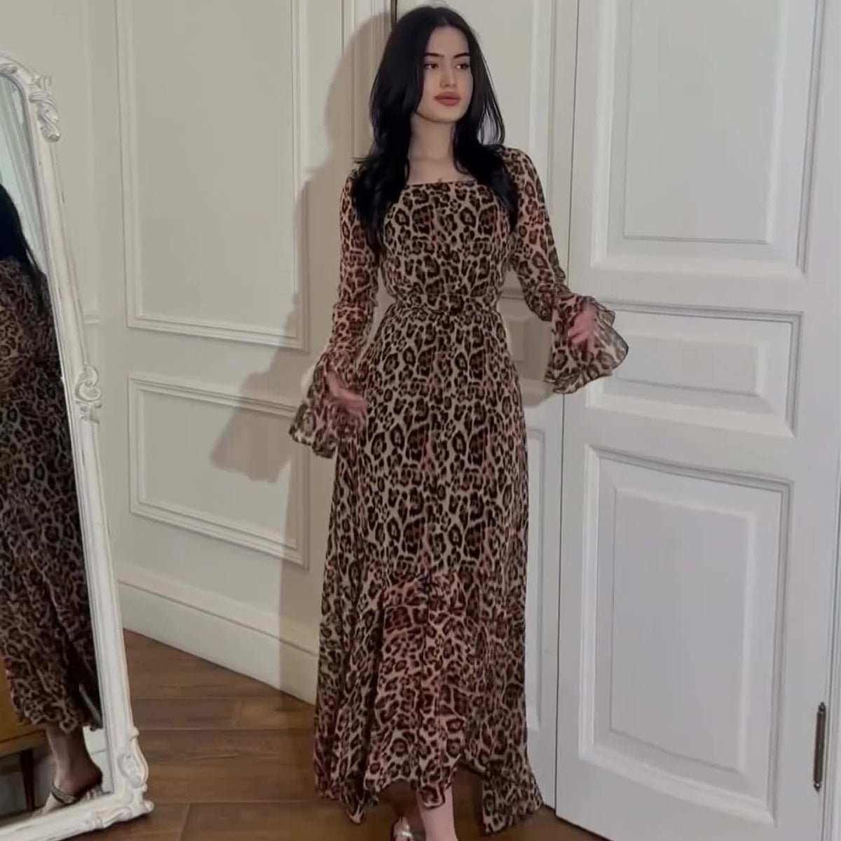 Leopard Print Chiffon Dress with Ruffle Sleeves(MS336) - Mariam's Collection