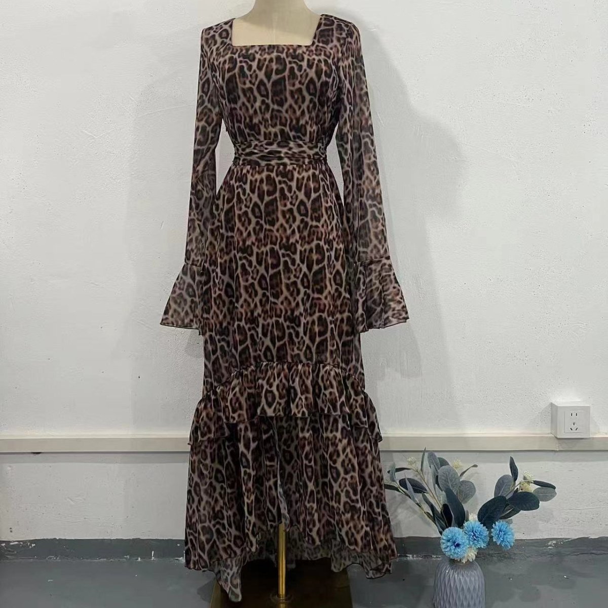Leopard Print Chiffon Dress with Ruffle Sleeves(MS336) - Mariam's Collection