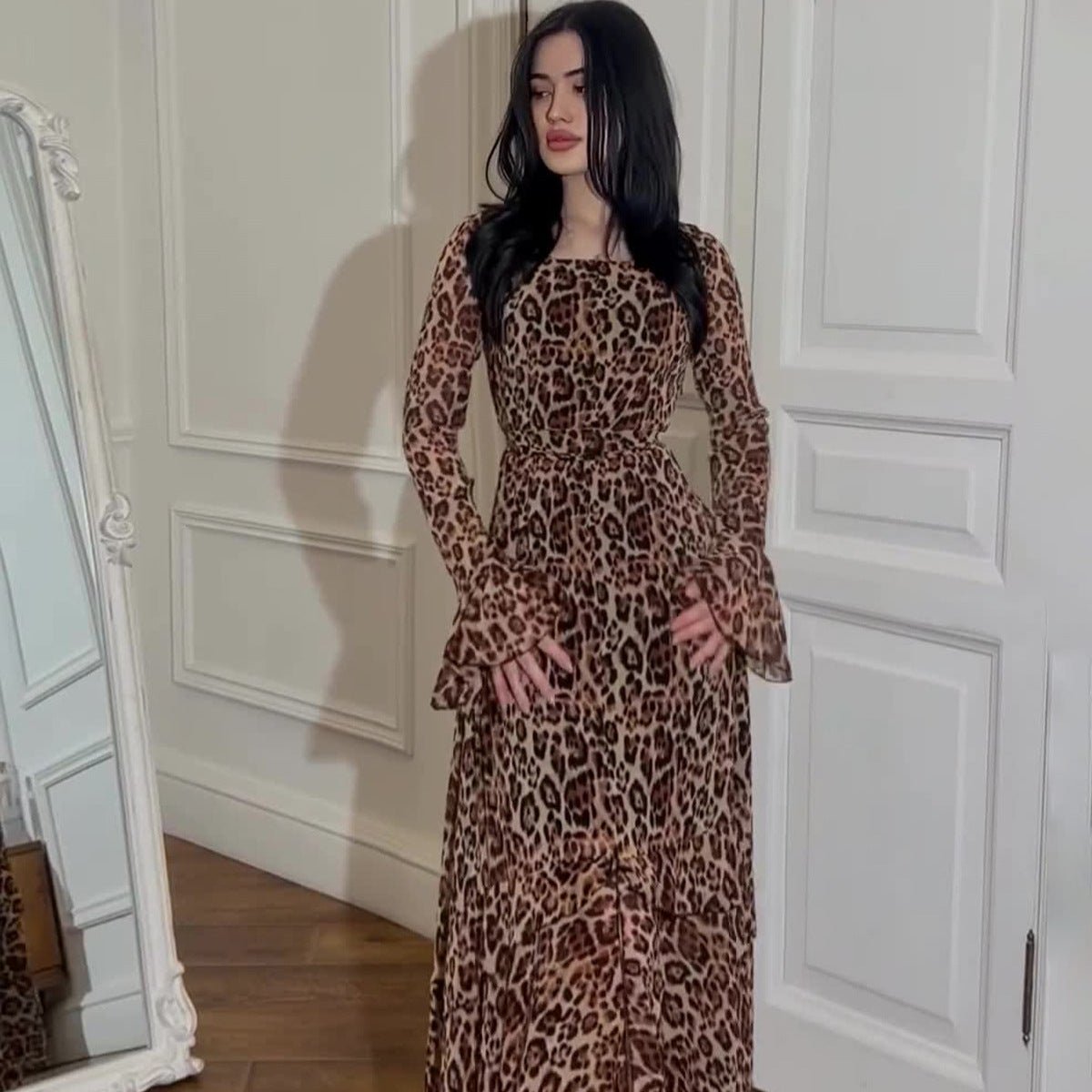 Leopard Print Chiffon Dress with Ruffle Sleeves(MS336) - Mariam's Collection