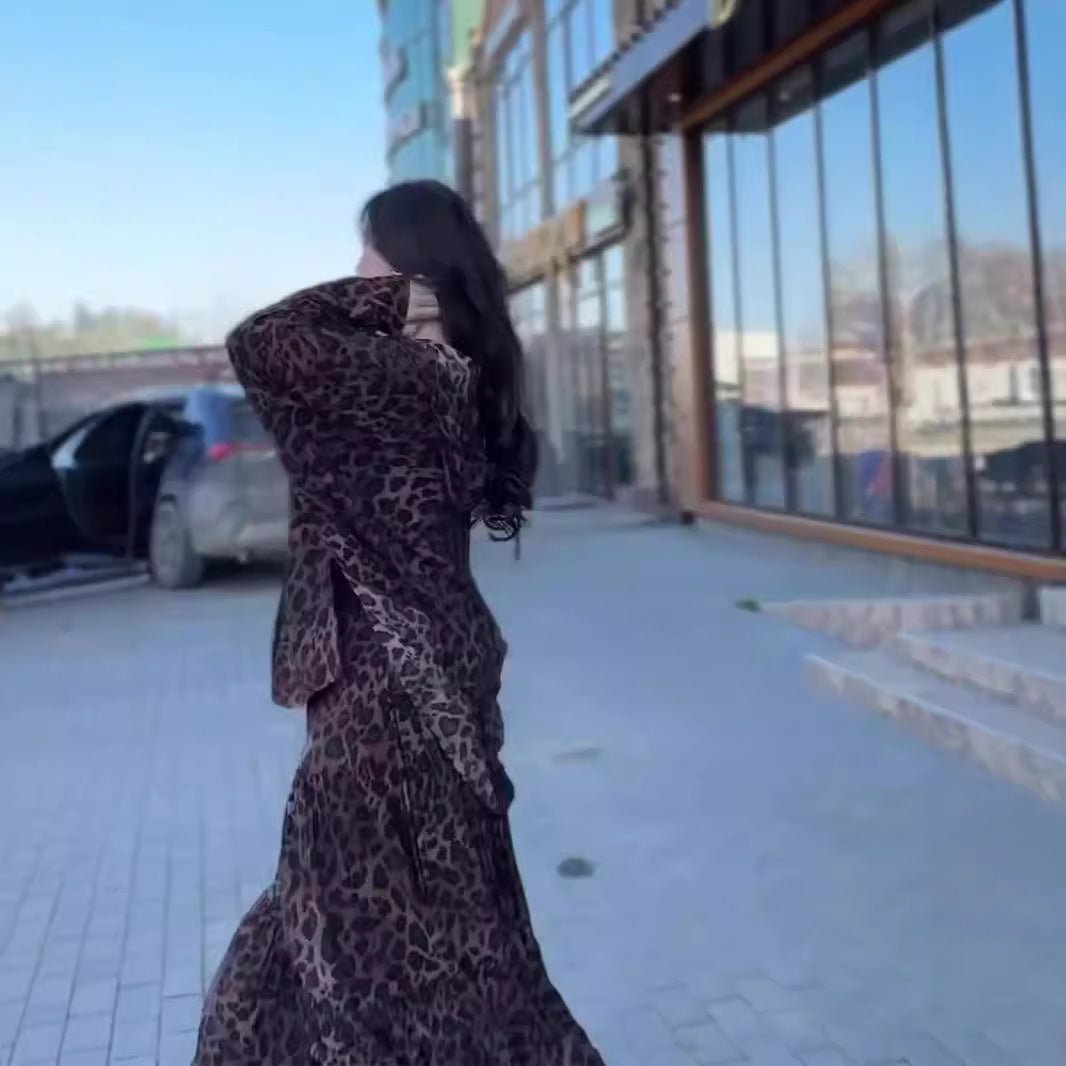 Leopard Print Hooded Shirt & Pleated Skirt Set(MS250) - Mariam's Collection