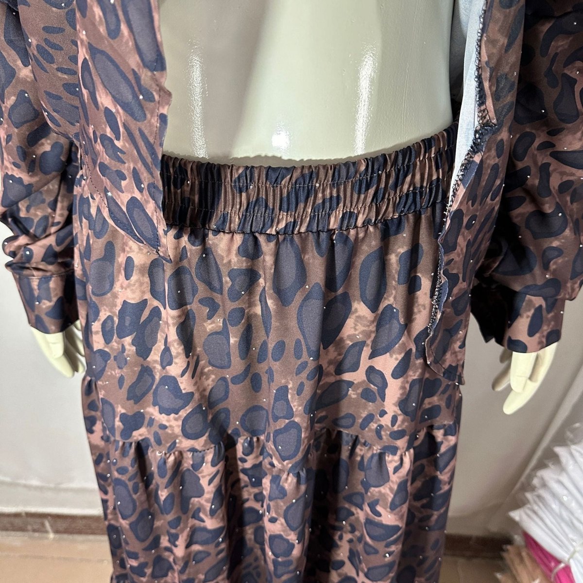 Leopard Print Hooded Shirt & Pleated Skirt Set(MS250) - Mariam's Collection