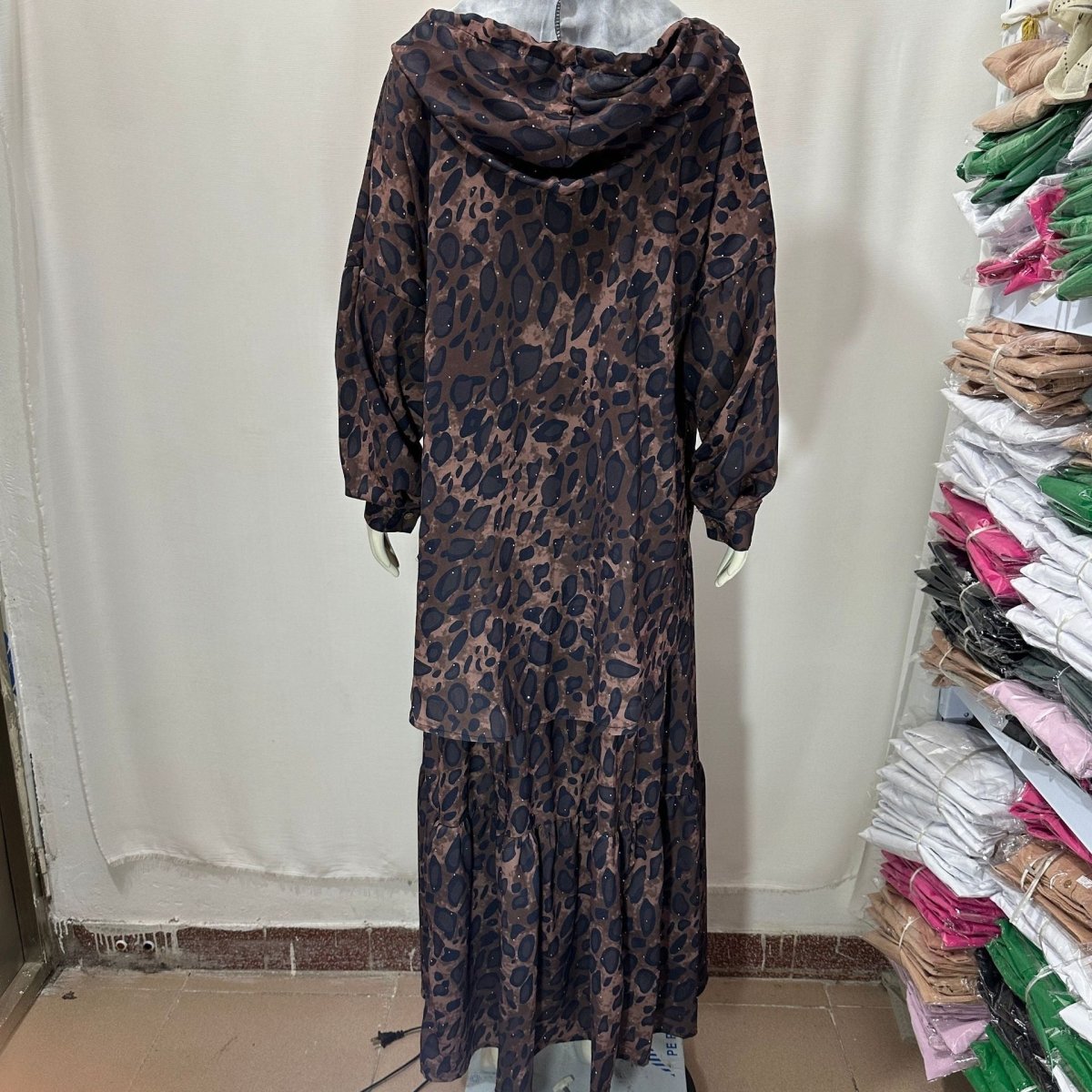 Leopard Print Hooded Shirt & Pleated Skirt Set(MS250) - Mariam's Collection