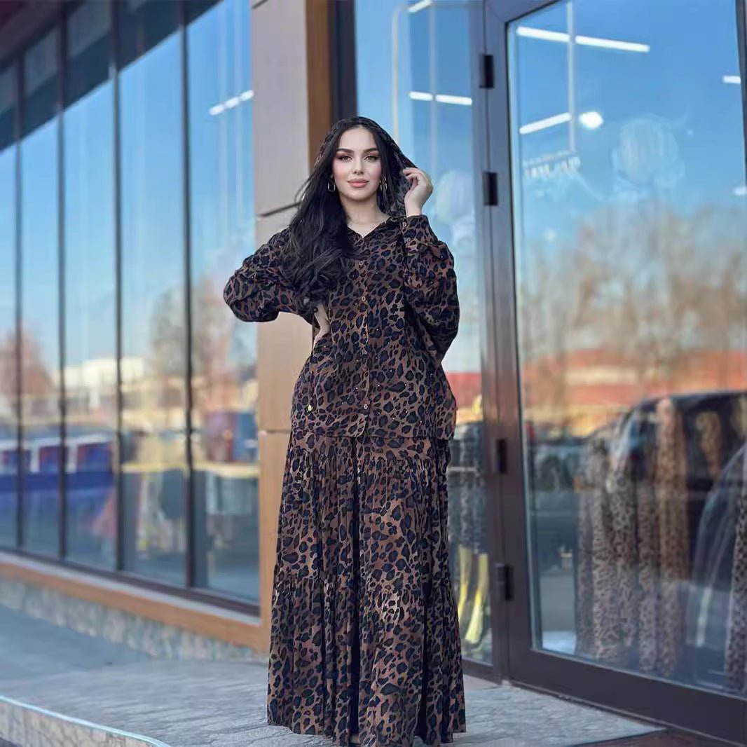 Leopard Print Hooded Shirt & Pleated Skirt Set(MS250) - Mariam's Collection