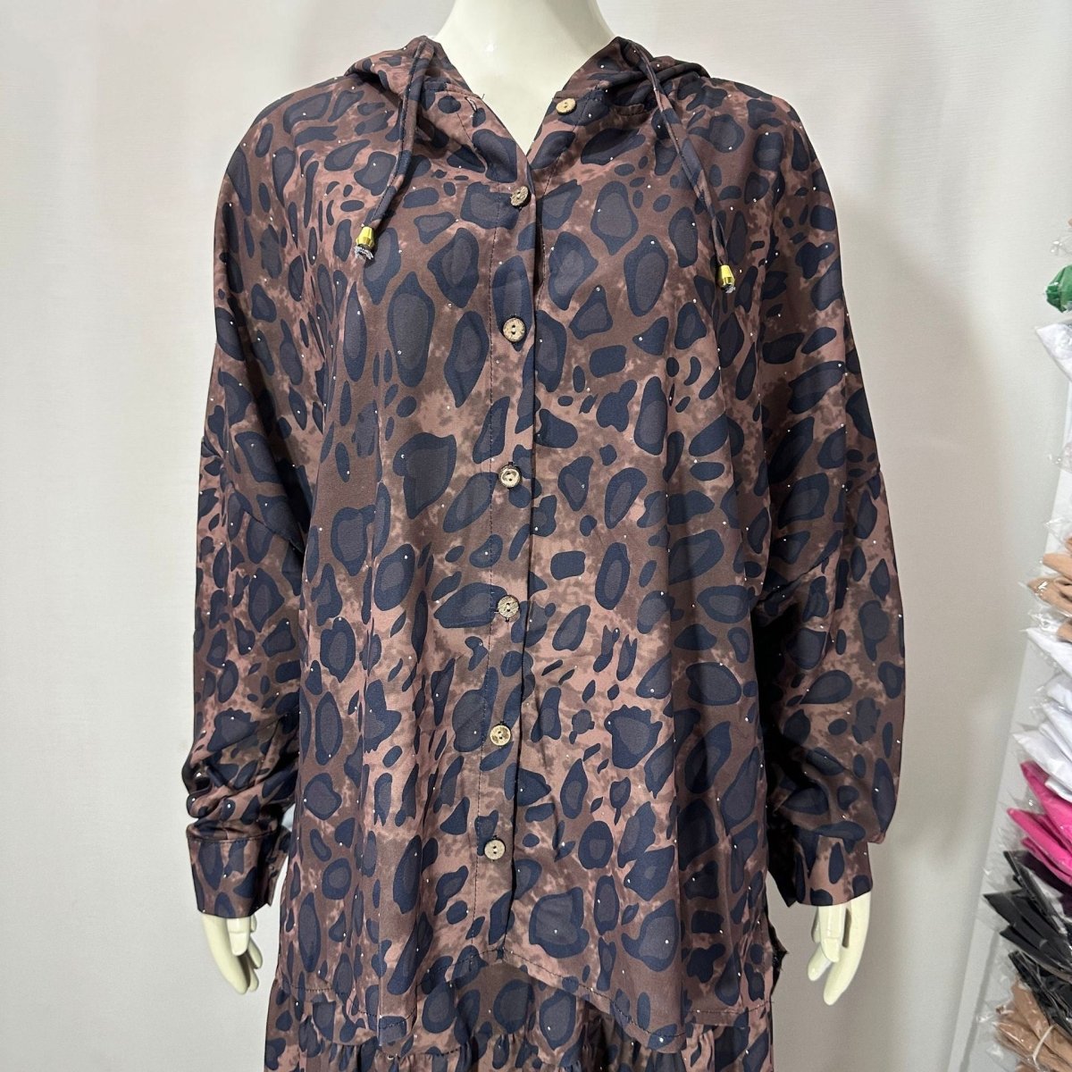 Leopard Print Hooded Shirt & Pleated Skirt Set(MS250) - Mariam's Collection