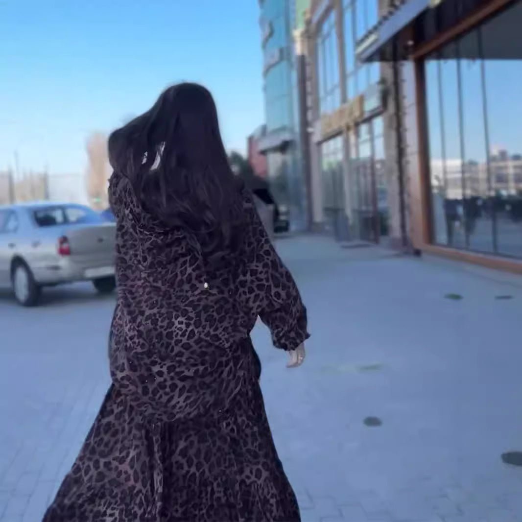 Leopard Print Hooded Shirt & Pleated Skirt Set(MS250) - Mariam's Collection