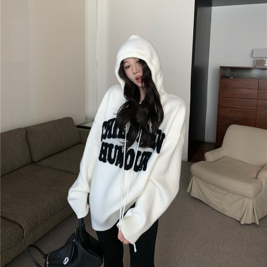 Letter Print Knit Pullover Hooded Sweater Top(MS170) - Mariam's Collection