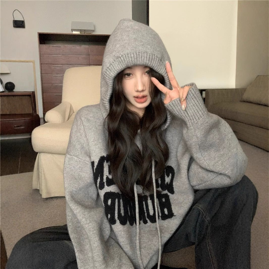 Letter Print Knit Pullover Hooded Sweater Top(MS170) - Mariam's Collection