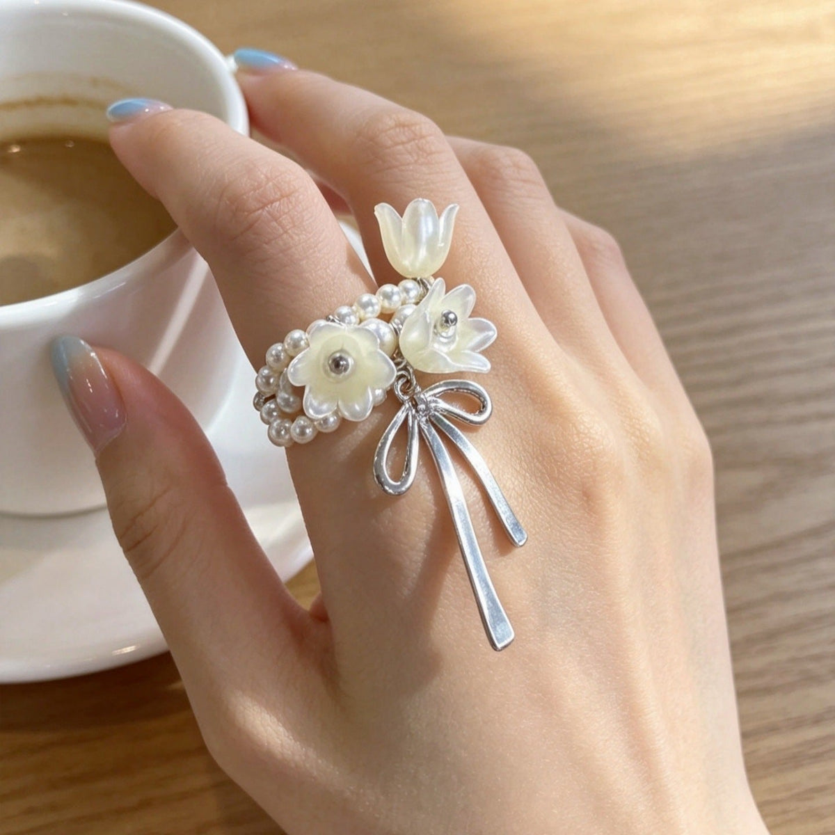 Lily of the Valley Pearl Bow Statement Ring – Adjustable Floral Ring