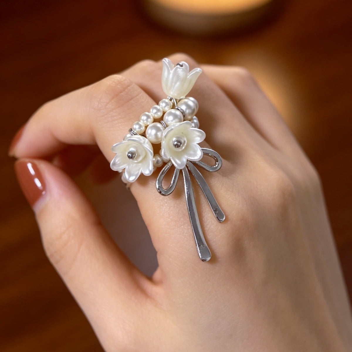 Lily of the Valley Pearl Bow Statement Ring – Adjustable Floral Ring