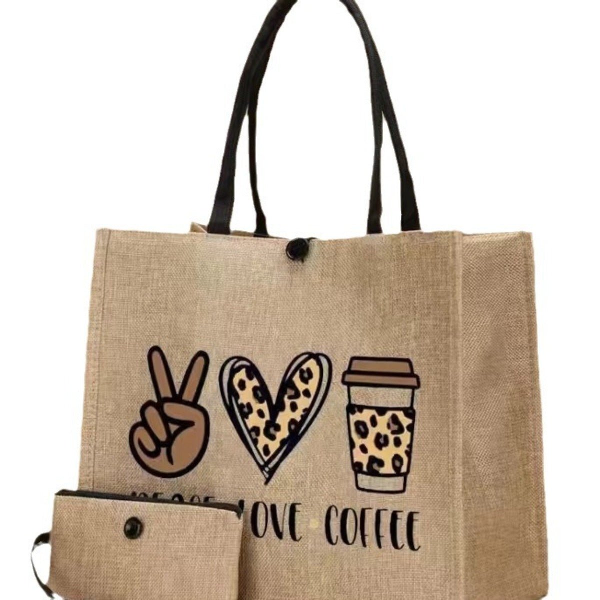 Linen Printed Tote Bag Set Natural Eco - Friendly Two - Piece Bag with Coin Purse(MAC258) - Mariam's Collection