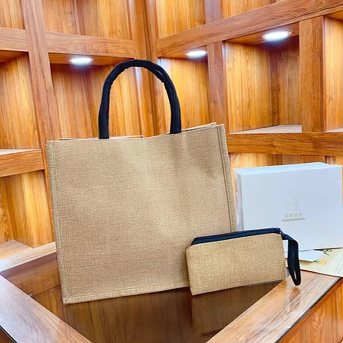 Linen Printed Tote Bag Set Natural Eco - Friendly Two - Piece Bag with Coin Purse(MAC258) - Mariam's Collection