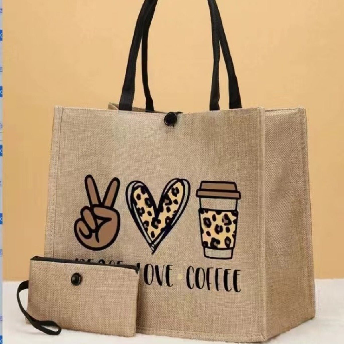 Linen Printed Tote Bag Set Natural Eco - Friendly Two - Piece Bag with Coin Purse(MAC258) - Mariam's Collection