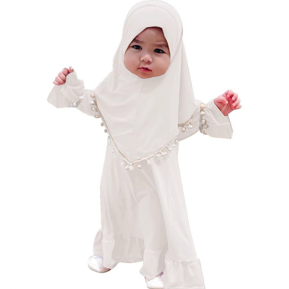 Little Muslimah Girls Dress & Hijab Set with Pom - Pom Trim (MKG028) - Mariam's Collection