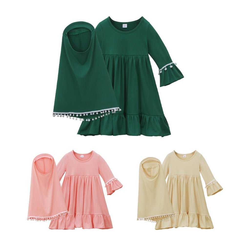 Little Muslimah Girls Dress & Hijab Set with Pom - Pom Trim (MKG028) - Mariam's Collection