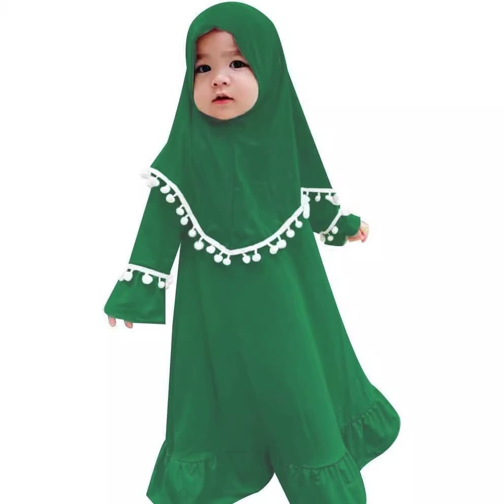 Little Muslimah Girls Dress & Hijab Set with Pom - Pom Trim (MKG028) - Mariam's Collection