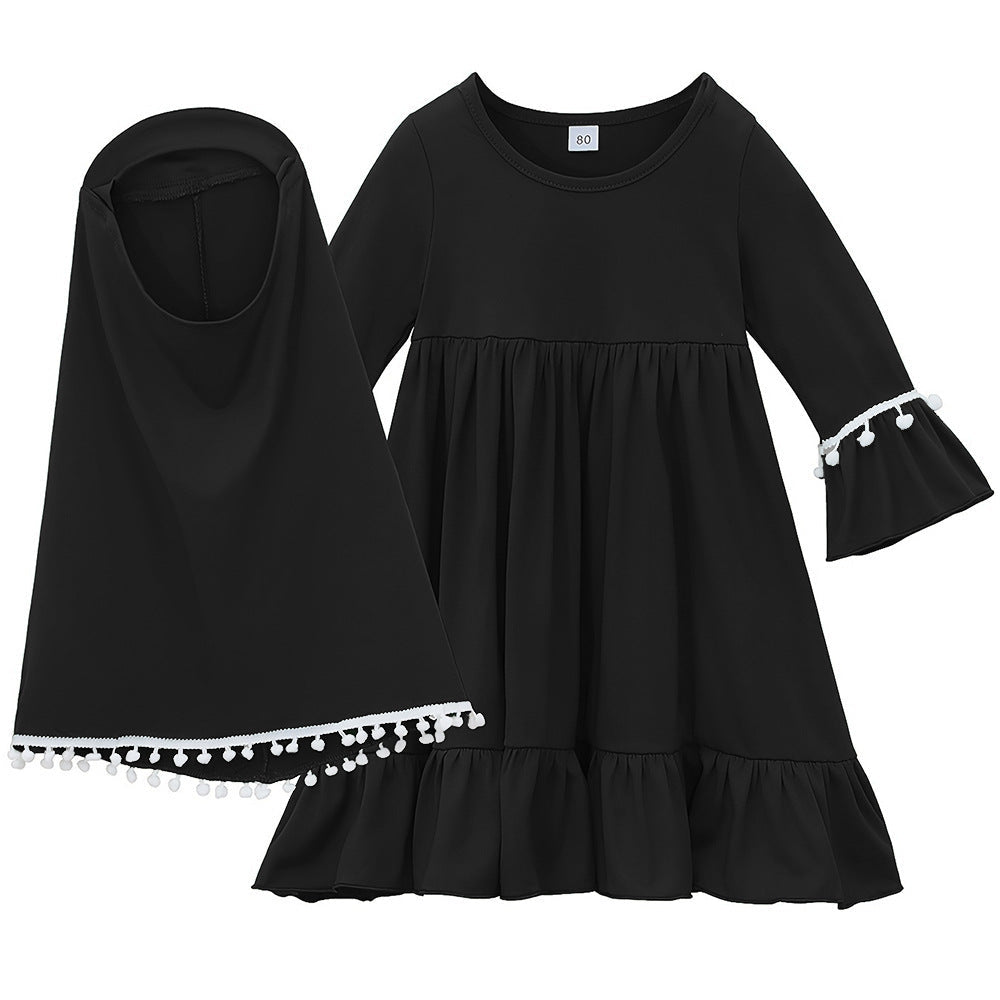 Little Muslimah Girls Dress & Hijab Set with Pom - Pom Trim (MKG028) - Mariam's Collection