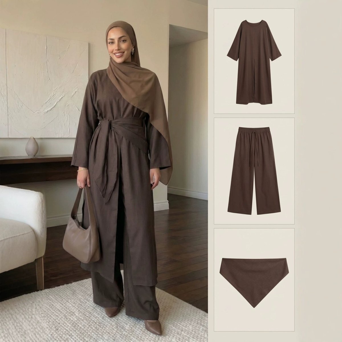 Long-Line Top, Wide-Leg Trousers & Triangle Scarf Three-Piece Co-ord Set(MS484) - Mariam's Collection
