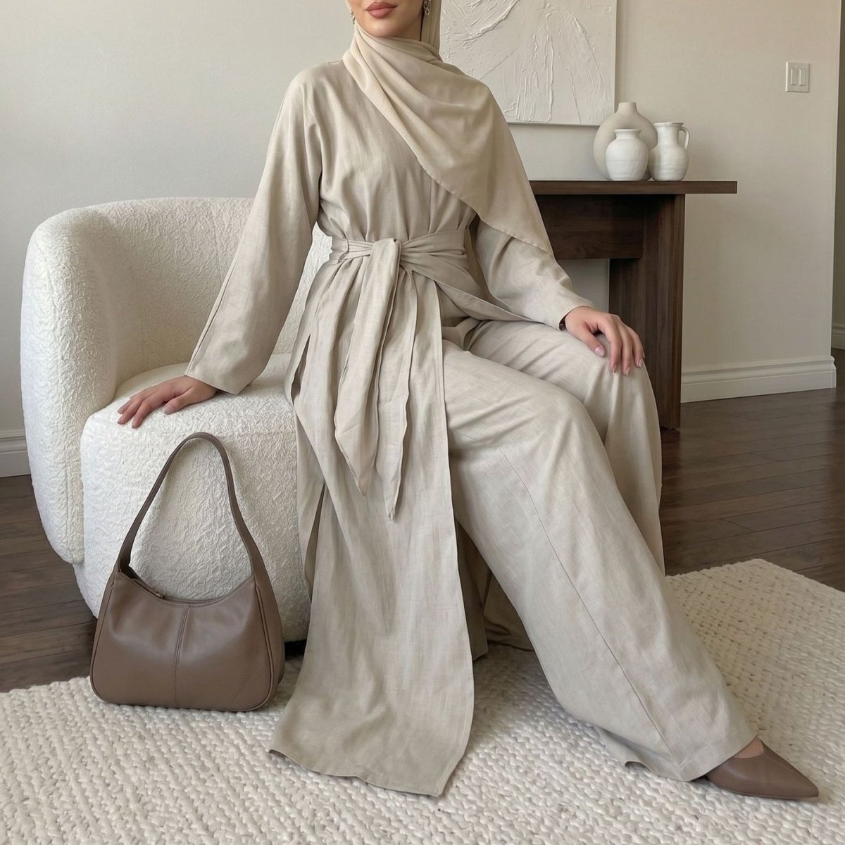 Long-Line Top, Wide-Leg Trousers & Triangle Scarf Three-Piece Co-ord Set(MS484) - Mariam's Collection