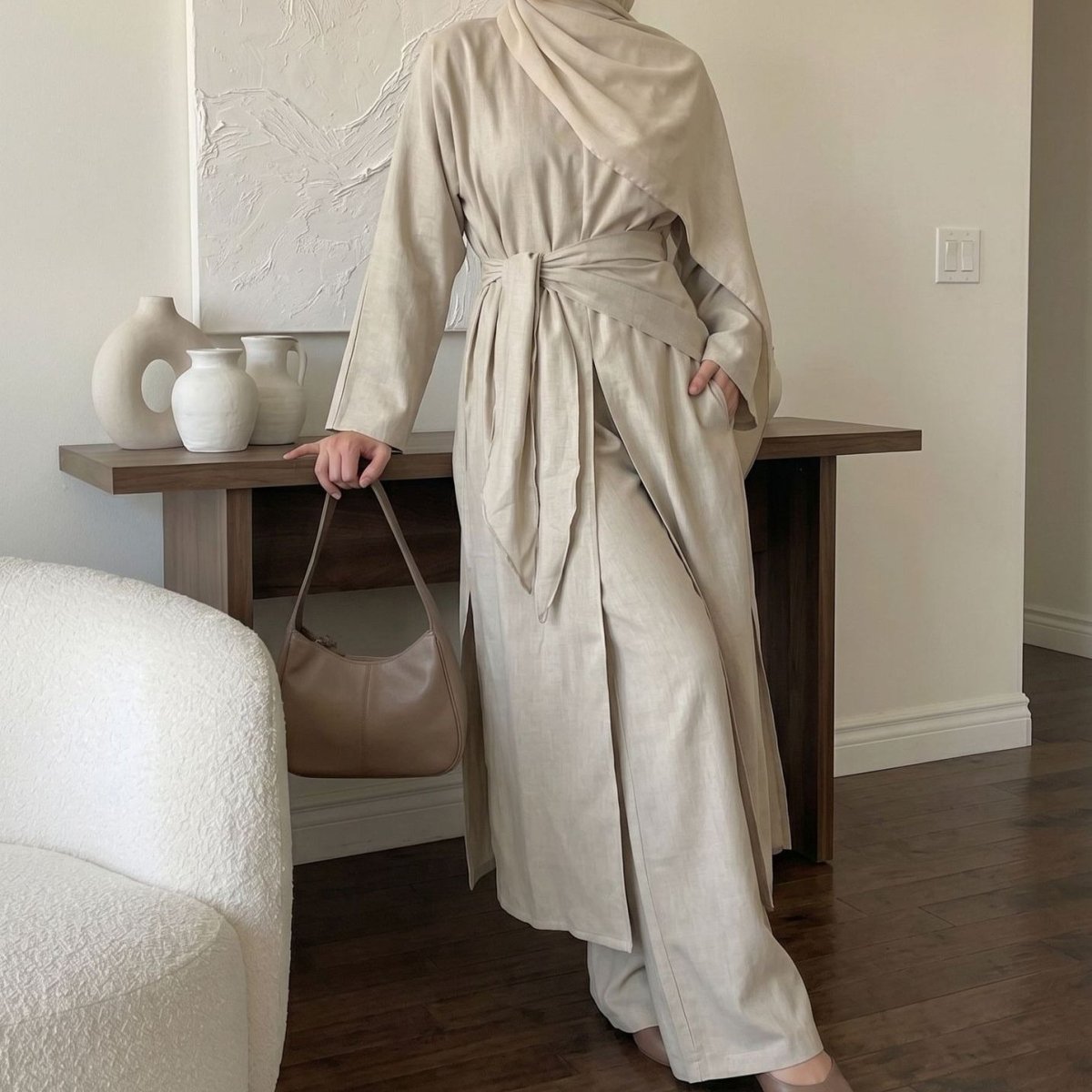 Long-Line Top, Wide-Leg Trousers & Triangle Scarf Three-Piece Co-ord Set(MS484) - Mariam's Collection