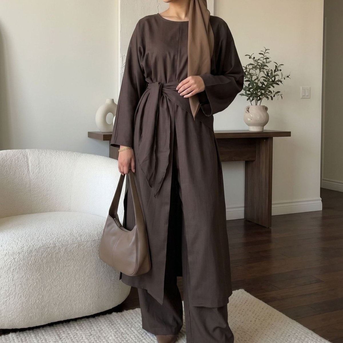 Long-Line Top, Wide-Leg Trousers & Triangle Scarf Three-Piece Co-ord Set(MS484) - Mariam's Collection