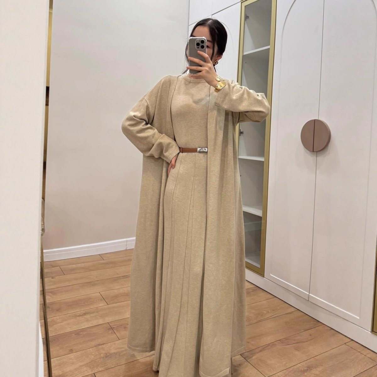 Long Open Cardigan & Pleated Dress Set(MS195) - Mariam's Collection