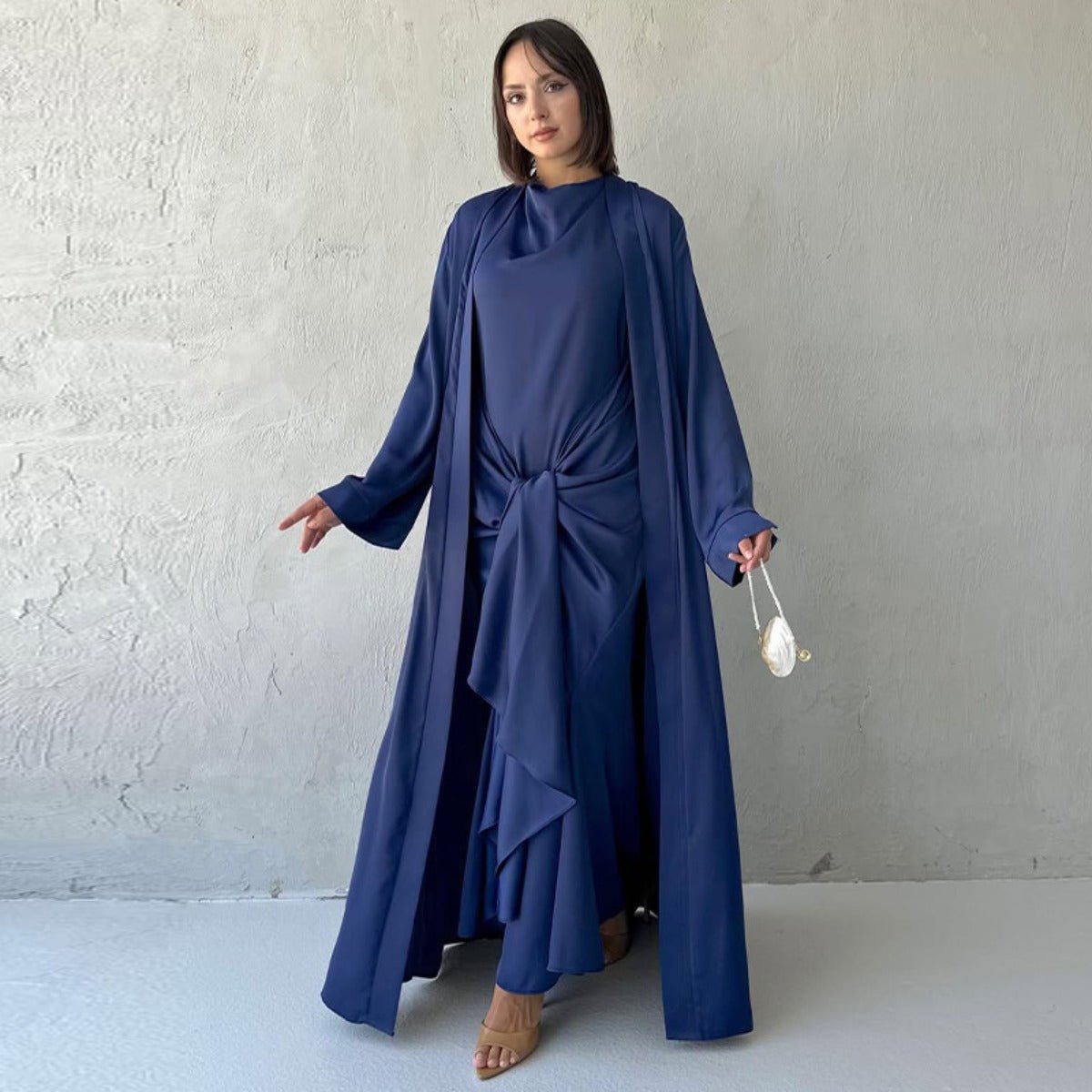 Long Sleeve Long Cardigan Solid Color Set - Modest Elegant Two - Piece Outfit with Belted Dress(MOA211) - Mariam's Collection