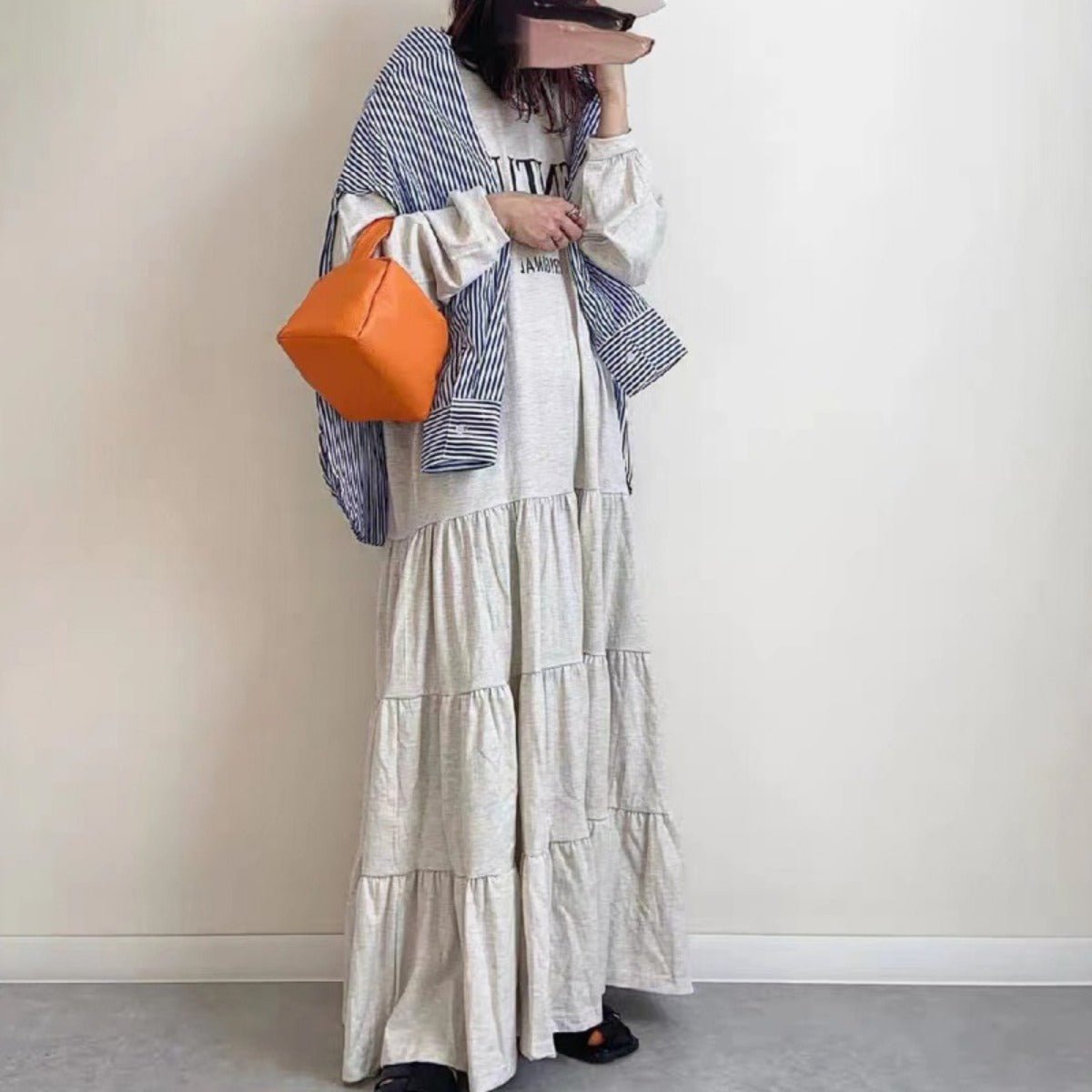 Long Sleeve T-Shirt Loose Fit Alphabet Print Maxi Dress with Ruffle Hem | Casual Layered Swing Dress(MS112) - Mariam's Collection