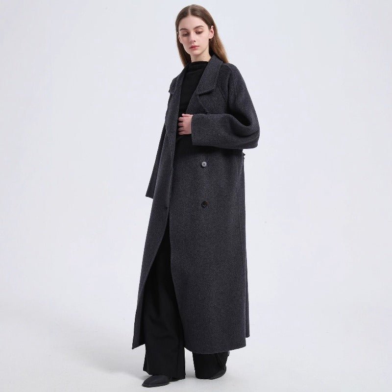 Long Wool Blend Trench Coat Abaya | Double - Breasted Belted Overcoat(MS188) - Mariam's Collection