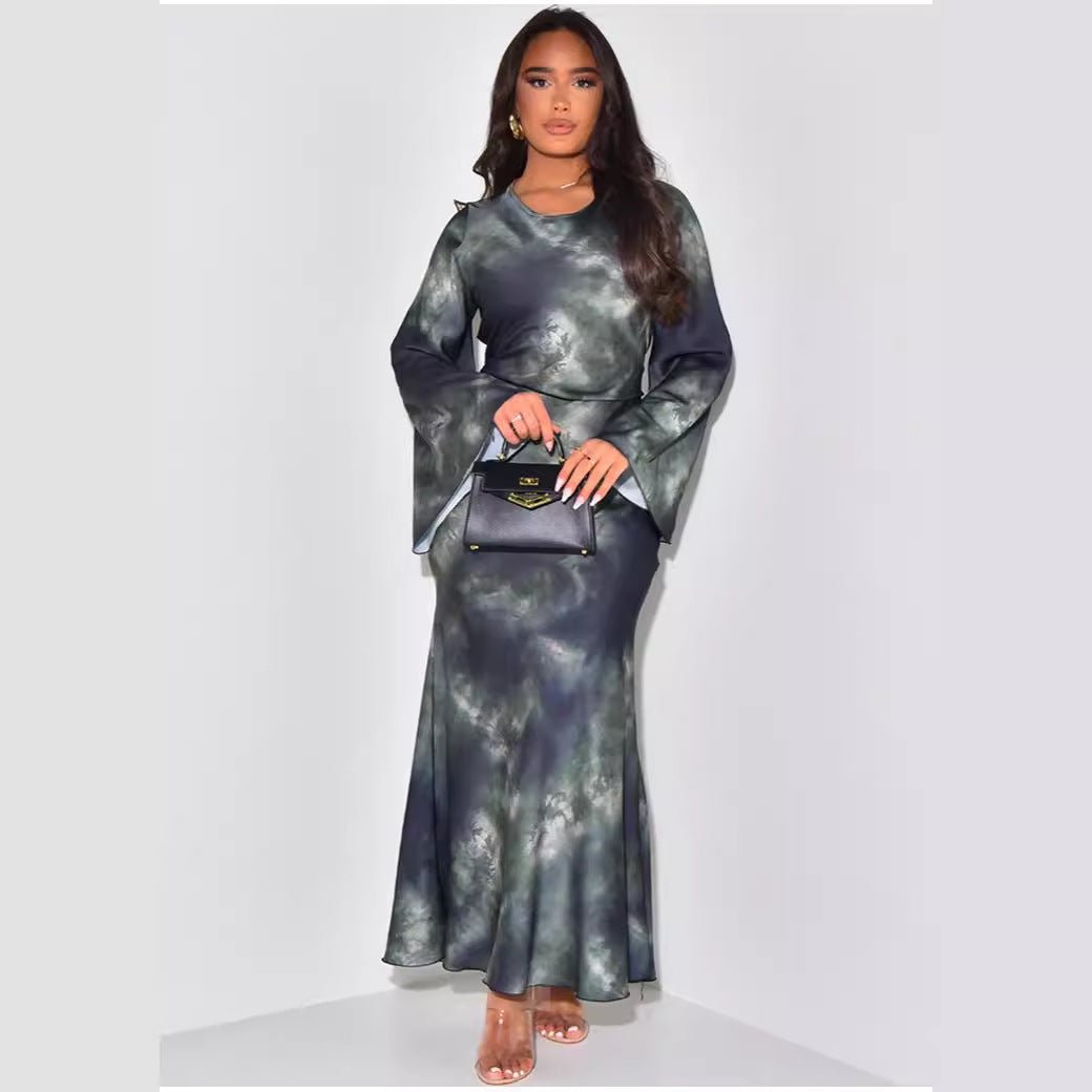 Loose Fit Long Sleeve Watercolor Print Satin Abaya Dress Maxi Robe with Adjustable Waist Tie. (MA231) - Mariam's Collection