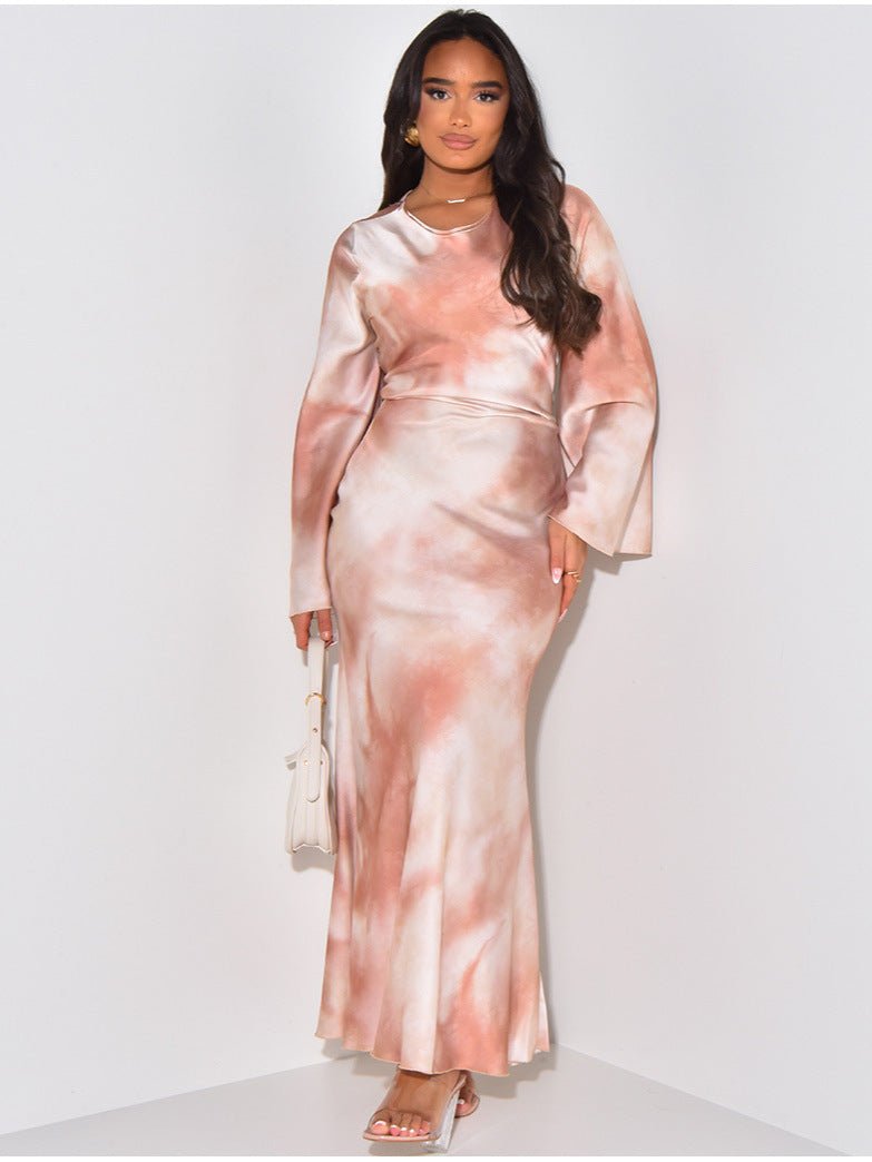 Loose Fit Long Sleeve Watercolor Print Satin Abaya Dress Maxi Robe with Adjustable Waist Tie. (MA231) - Mariam's Collection