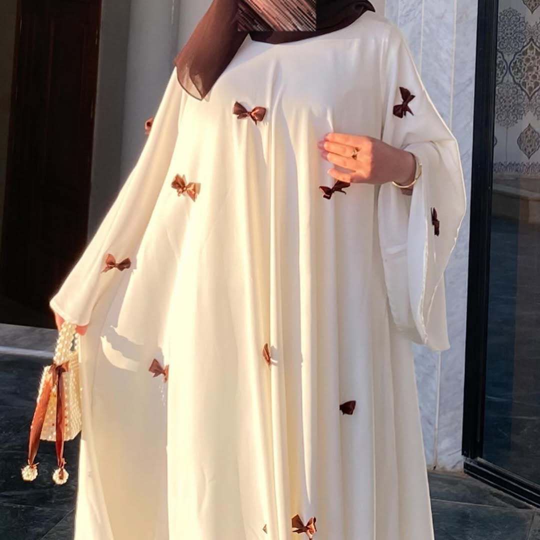 Loose Hem Long Abaya with Bell Sleeves & Butterfly Bow Detail (MA151) - Mariam's Collection