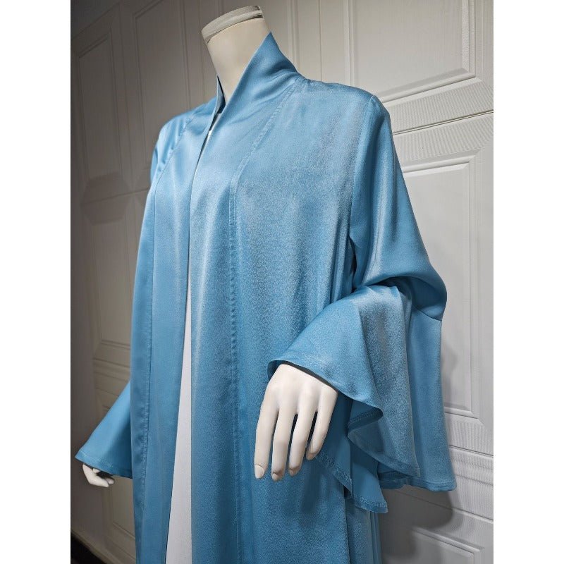 Lotus Leaf Sleeve Solid Soft Satin Open Front Abaya Dress | Lightweight Modest Abaya Cover(MOA220) - Mariam's Collection
